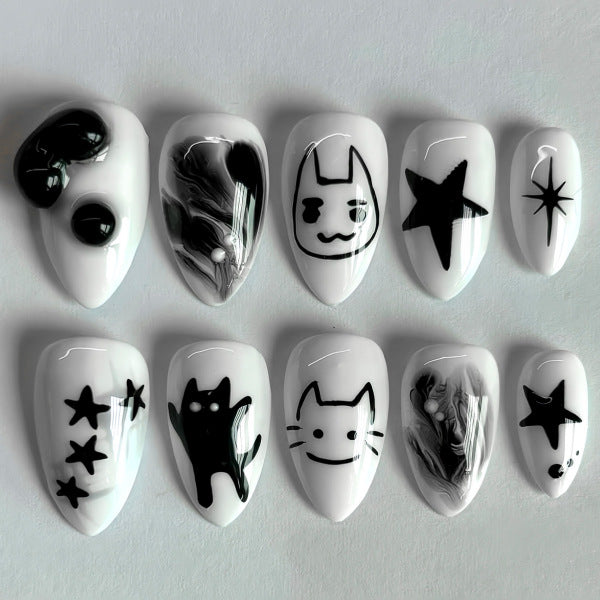 Whimsical Cat Fantasy Long Almond White and Black Artistic Press On Nail Set with Playful Designs