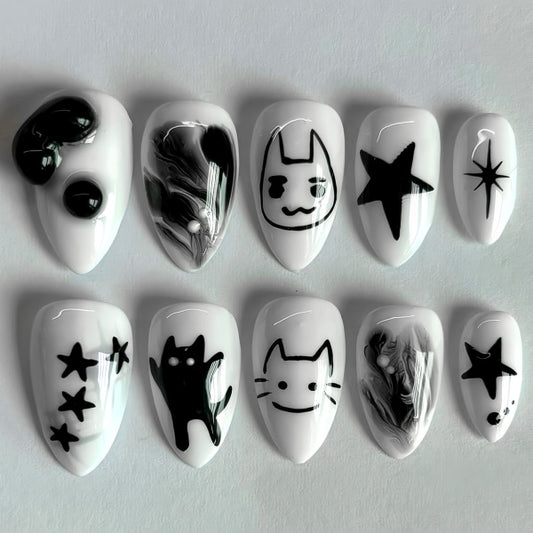Whimsical Cat Fantasy Long Almond White and Black Artistic Press On Nail Set with Playful Designs