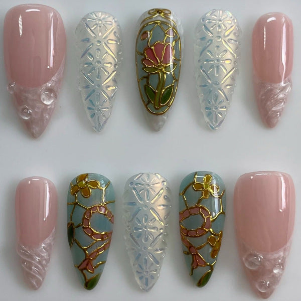 Enchanting Floral Dream Long Almond Pink and Blue Stiletto Press on Nail Set with Intricate Gold Detailing