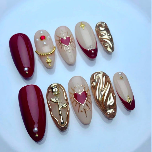 Romantic Elegance Long Almond Burgundy and Beige with Gold Accents and Unique Heart Designs Press on Nail Set