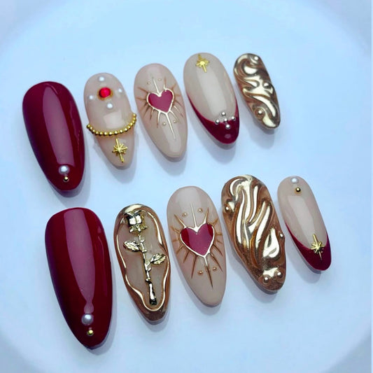 Romantic Elegance Long Almond Burgundy and Beige with Gold Accents and Unique Heart Designs Press on Nail Set