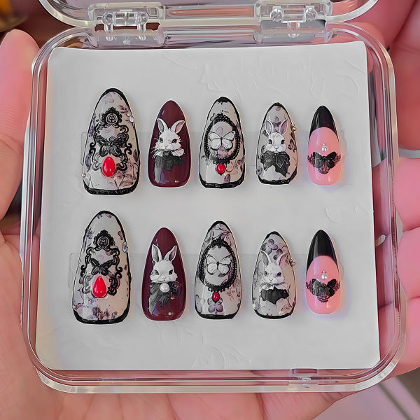 Whimsical Bunnies Press On Nail Set Long Almond Shape Black and Burgundy Color with Unique Floral and Bunny Embellishments