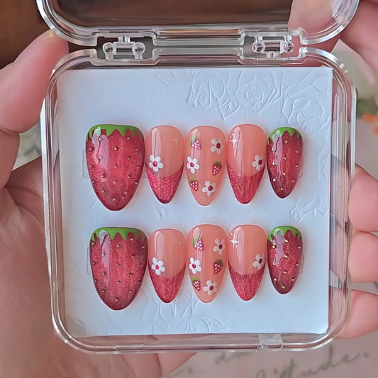 Sweet Strawberry Delight Long Almond Red with Flower Accents Press on Nail Set