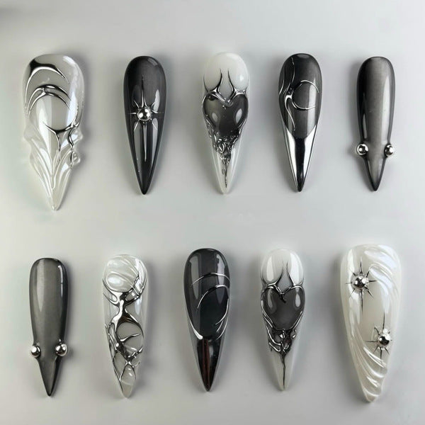 Mystical Elegance Long Stiletto Press on Nail Set in Monochrome with Unique Metallic Accents