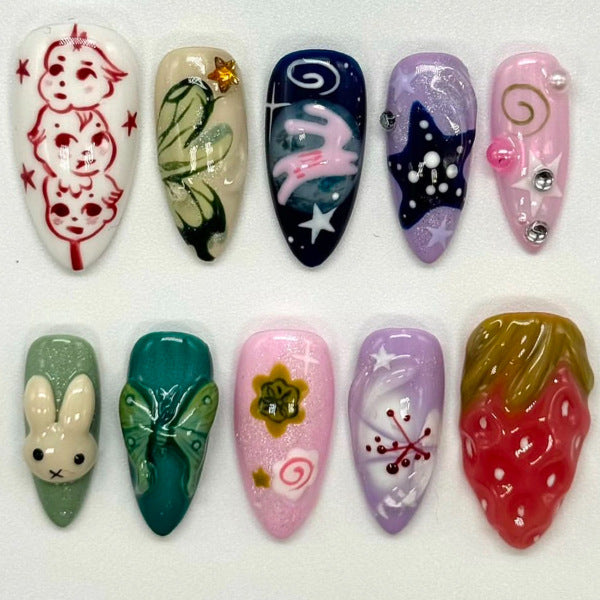 Whimsical Fantasy Long Almond Colorful Press On Nail Set with Unique Artistic Designs