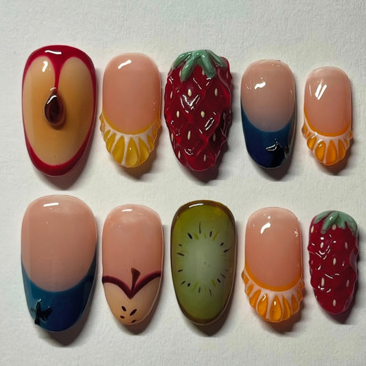 Fruitful Delight Long Almond Vivid Red and Green with Charming Fruit Design Press On Nail Set