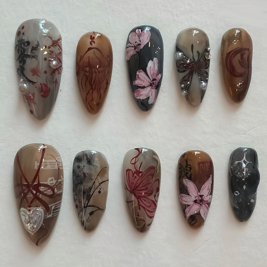 Enchanting Elegance Long Almond Brown and Gray with Floral Art and Pearl Accents Press On Nail Set