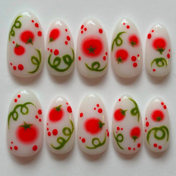 Garden Fresh Chic Long Almond Shaped Glossy White Red and Green Tomato Print Nail Set