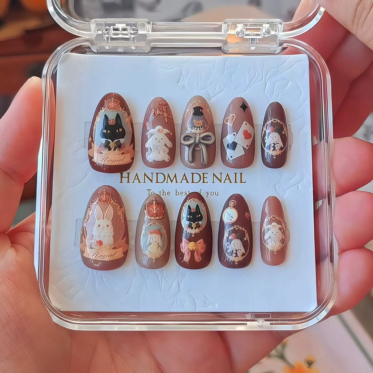 Whimsical Wonderland Long Almond Brown Nail Set with Adorable Animal Designs