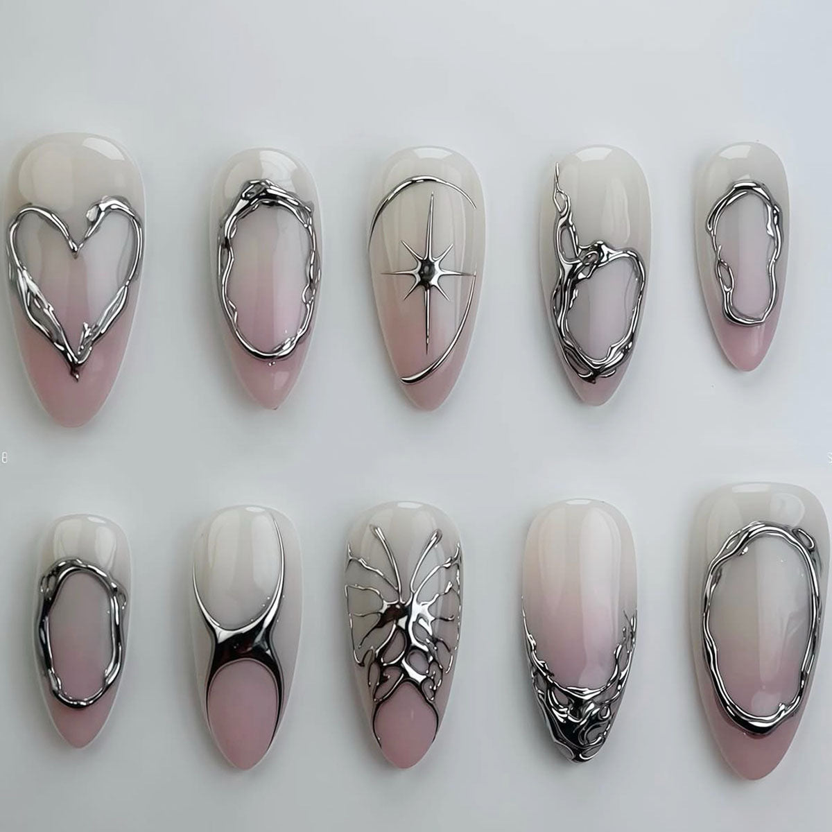 Radiant Elegance Long Almond Beige with Silver Metallic Abstract Designs Press On Nail Set