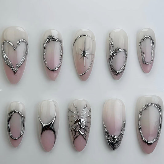 Radiant Elegance Long Almond Beige with Silver Metallic Abstract Designs Press On Nail Set