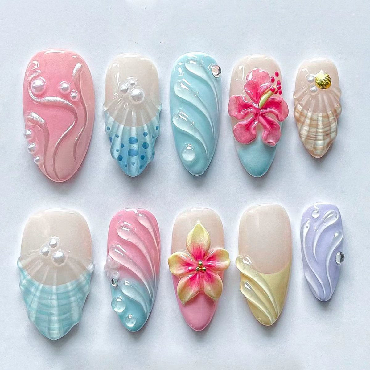 Oceanic Serenity Long Almond Pastel Pink and Blue with Floral and Shell Embellishments Press on Nail Set