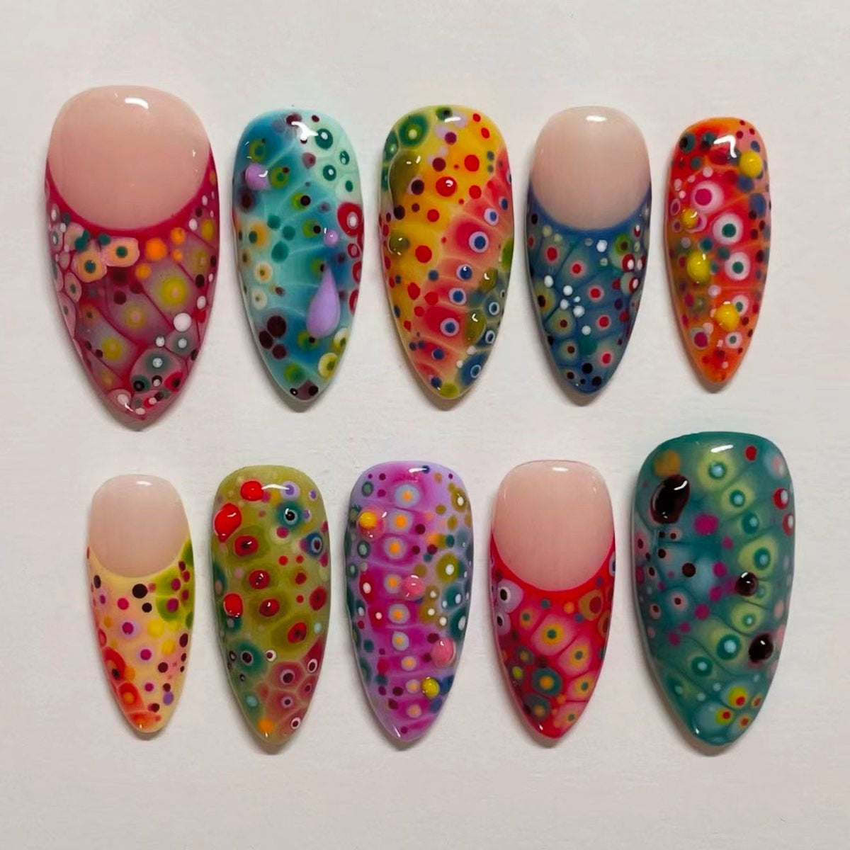Whimsical Garden Long Almond Multicolored Unique Dot Pattern Press On Nail Set