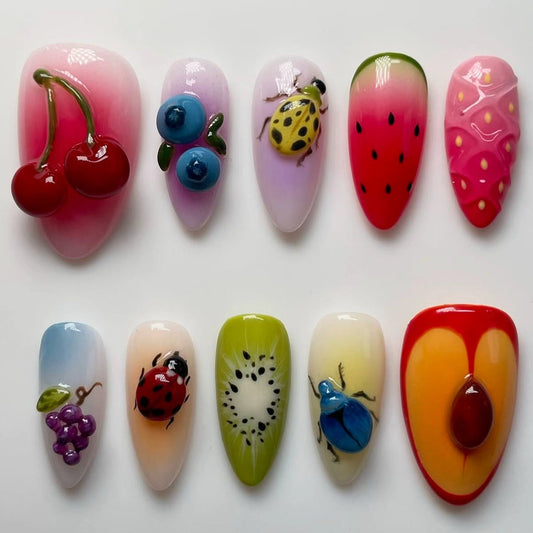 Garden Delight Long Almond Pink and Green with Fruit and Insect Designs Nail Set
