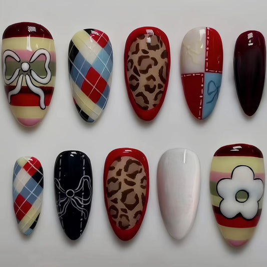 Chic Glamour Dreamy Long Almond Shaped Multicolored Nail Set with Unique Bow and Animal Print Designs