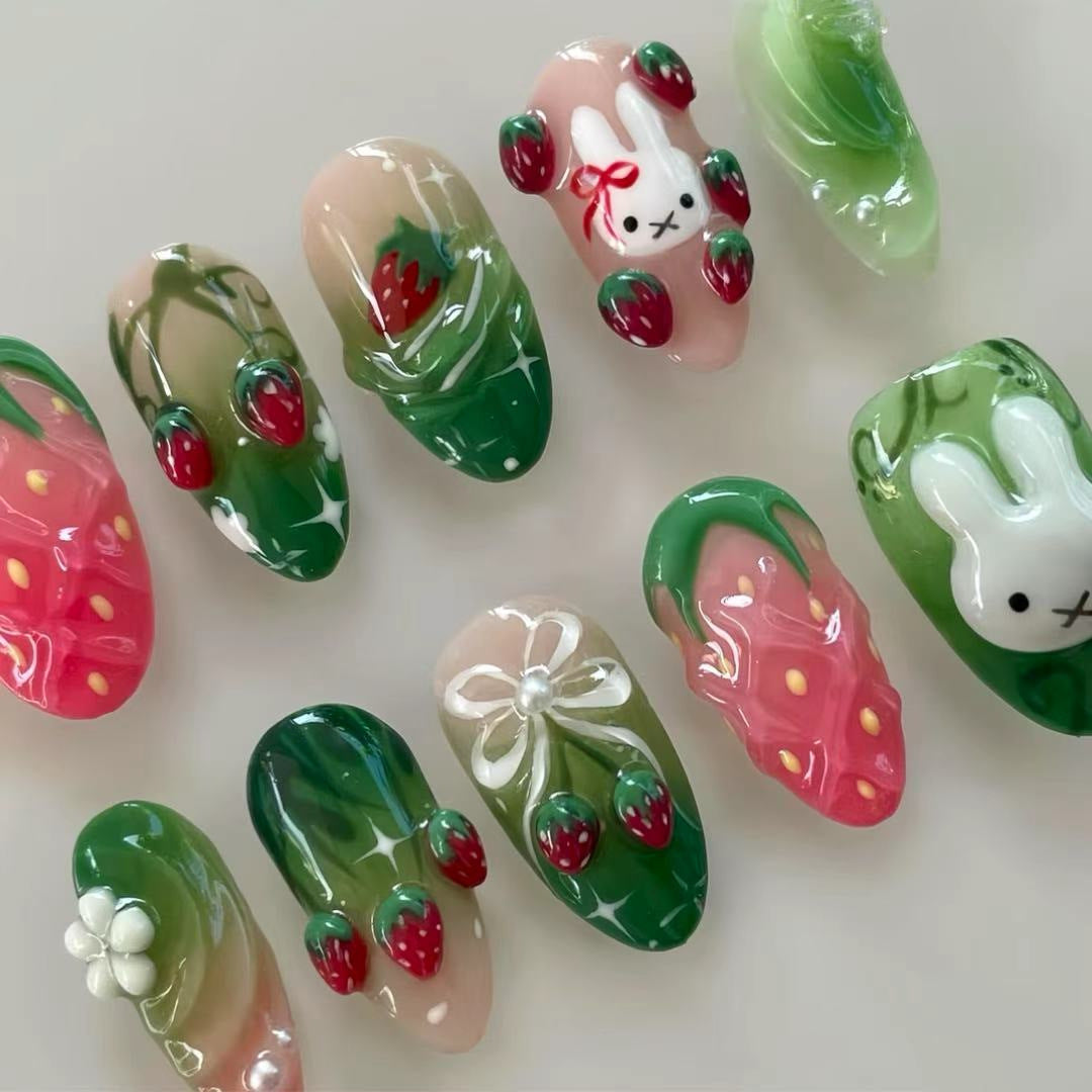 Whimsical Garden Inspired Long Almond Green and Pink Strawberry Themed Press On Nail Set with Adorable Bunny Accents