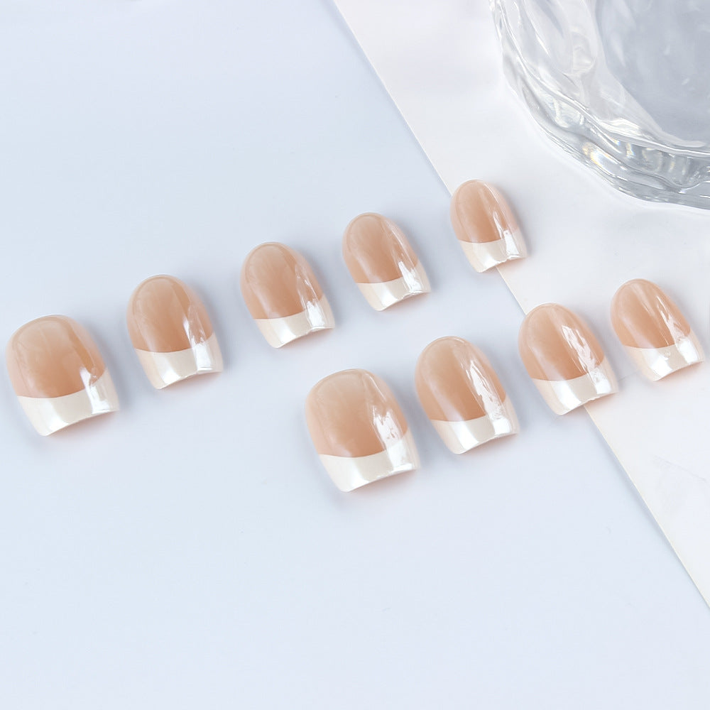 Elegant Oasis Lengthy Medium Square Shaped Beige Press Nail Set with Chic White Tip Design