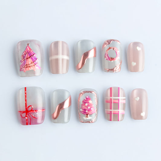 Festive Winter Wonderland Short Square Pink and Gray Press on Nail Set with Creative Holiday Themed Designs