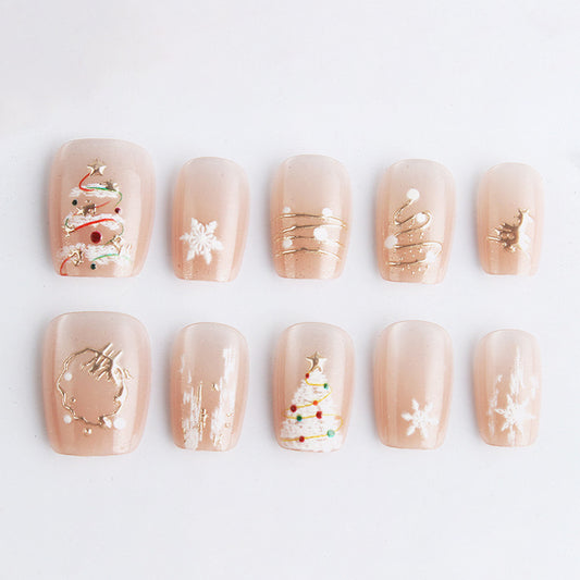 Festive Charm Short Square Beige Press-On Nail Set with Elegant Christmas Designs