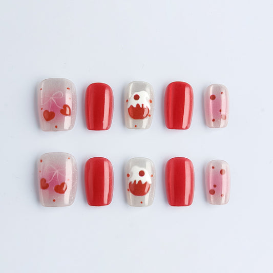 Sweet Bliss Heart and Cupcake Inspired Short Square Glossy Red and Pink Press-On Nail Set with Glittery Design