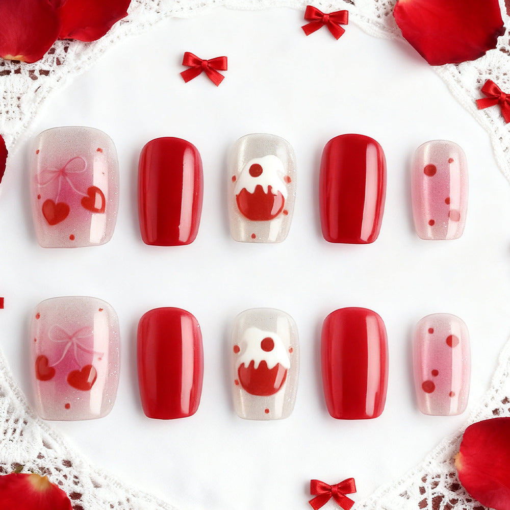 Sweetheart Collection Short Square Red with Heart and Cupcake Design Press On Nail Set