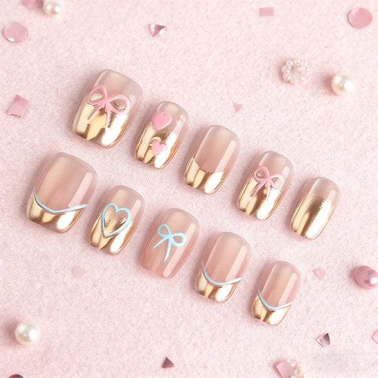 Charming Elegance Short Square Beige with Gold Accents and Whimsical Bow Designs Press-On Nail Set