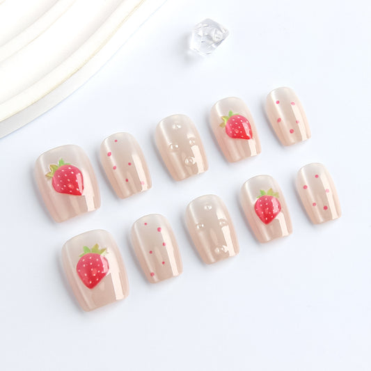 Strawberry Delight Short Square Press On Nail Set in Soft Beige with Charming Berry Design