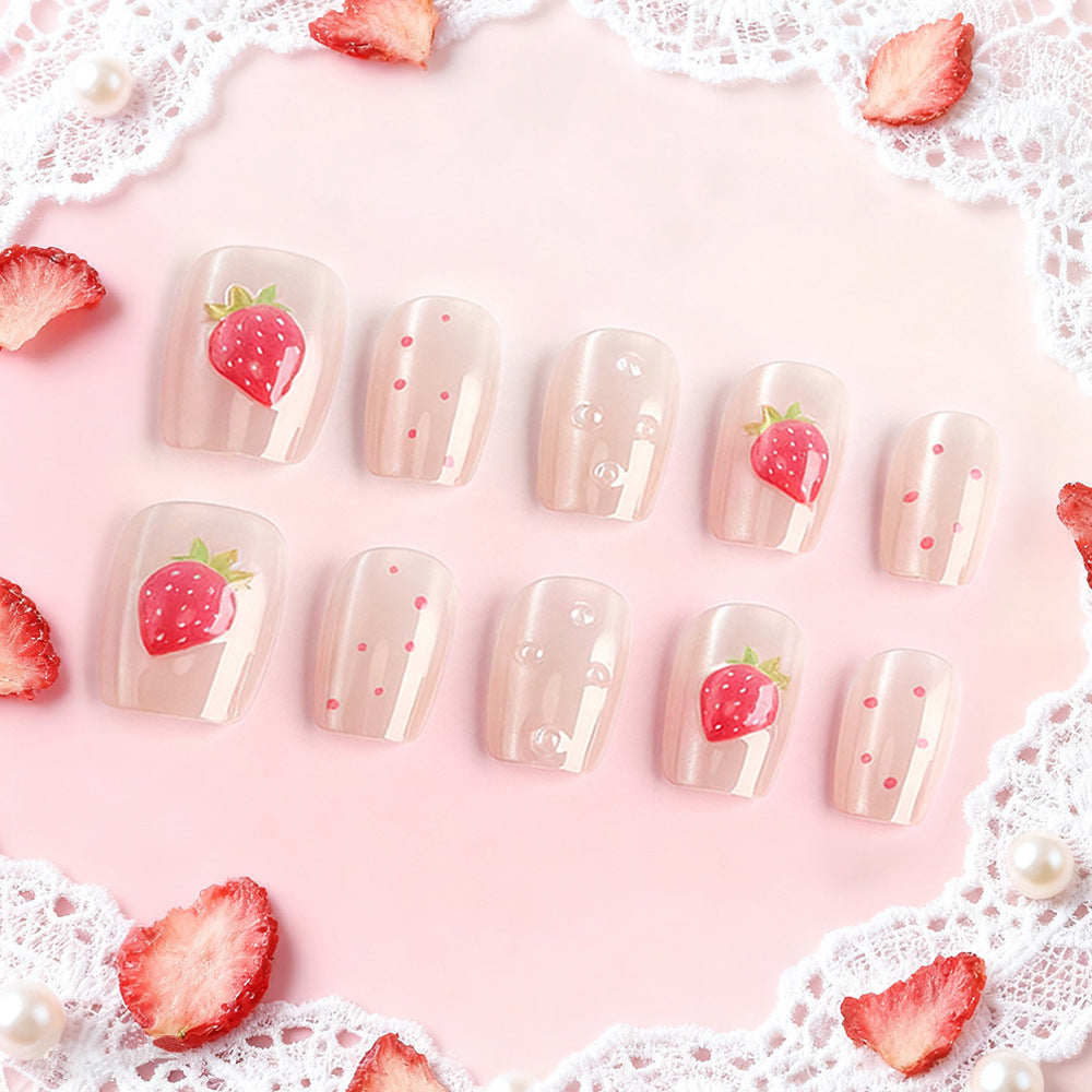 Berry Bliss Delightful Short Square Clear Press On Nail Set with Strawberry Art and Polka Dots