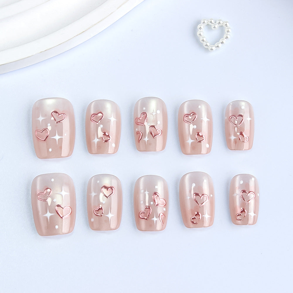 Enchanting Romance Press On Nail Set Short Square Blush Pink with Charming Heart Accents