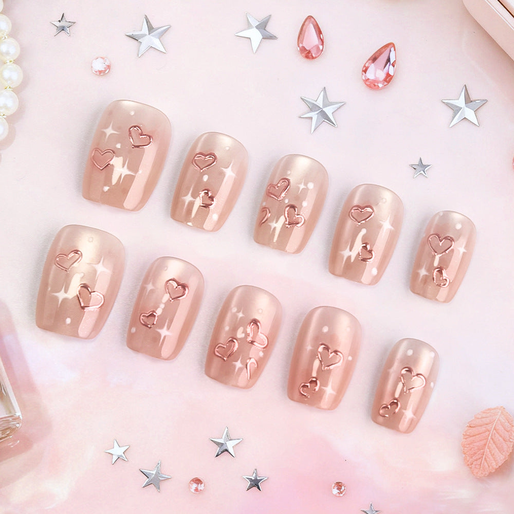 Romantic Heartfelt Short Square Press on Nail Set in Soft Pink with Sparkling Charm Detail