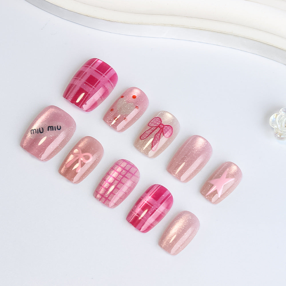 Whimsical Beauty Pink Short Square Shape Shimmering Finish with Adorable Bow and Star Designs Press On Nail Set