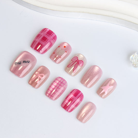Whimsical Beauty Pink Short Square Shape Shimmering Finish with Adorable Bow and Star Designs Press On Nail Set