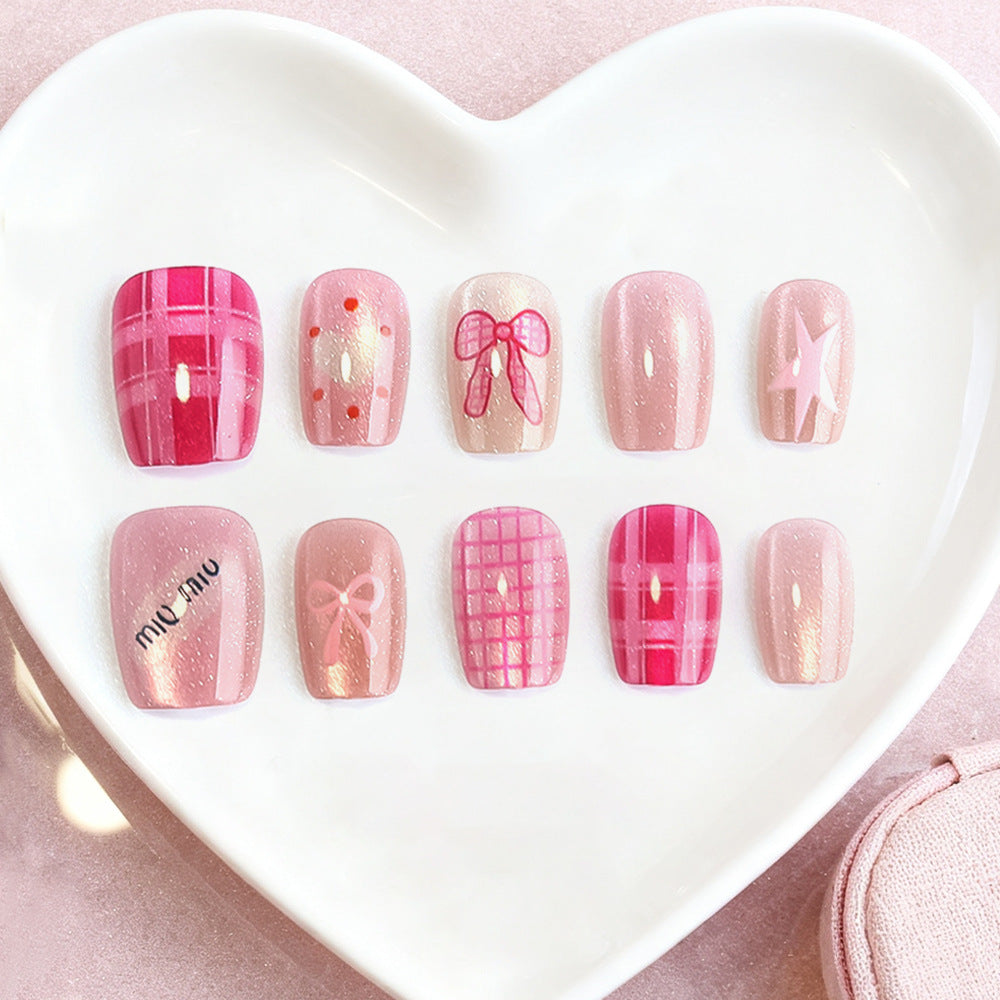 Charming Pink Dreamy Short Square Nails with Glitter and Cute Bow Designs