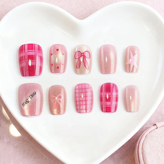 Charming Pink Dreamy Short Square Nails with Glitter and Cute Bow Designs