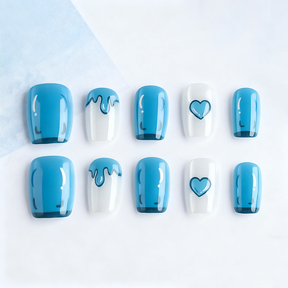 Refreshing Ocean Bliss Short Square Blue Drip and Heart Press On Nail Set