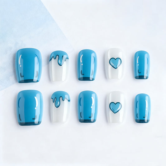 Refreshing Ocean Bliss Short Square Blue Drip and Heart Press On Nail Set