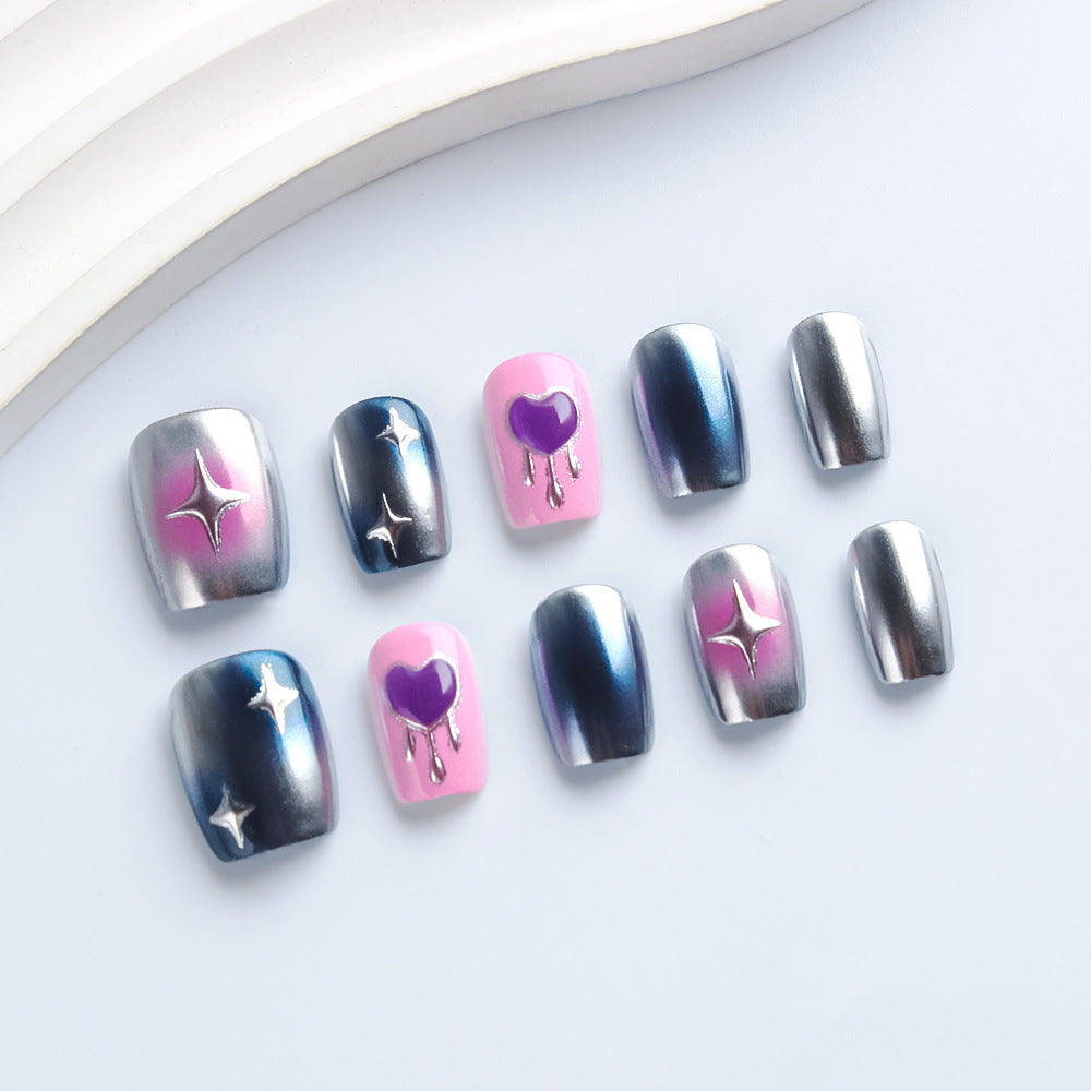 Celestial Glamour Short Square Metallic Ombre Press On Nail Set with Star and Heart Accents