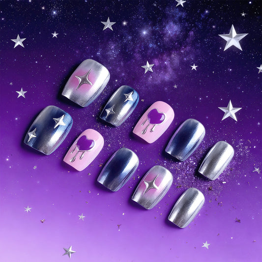 Galactic Dreams Short Square Glossy Purple and Silver Press On Nail Set with Star and Cloud Design