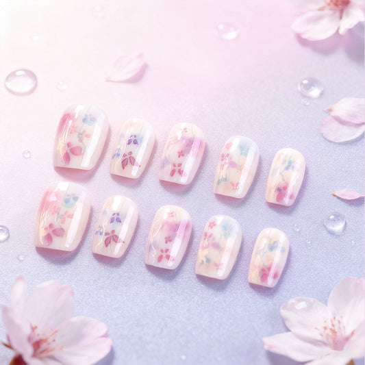 Blossom Inspired Elegant Short Square Pink Floral Press On Nail Set with Stunning Watercolor Design
