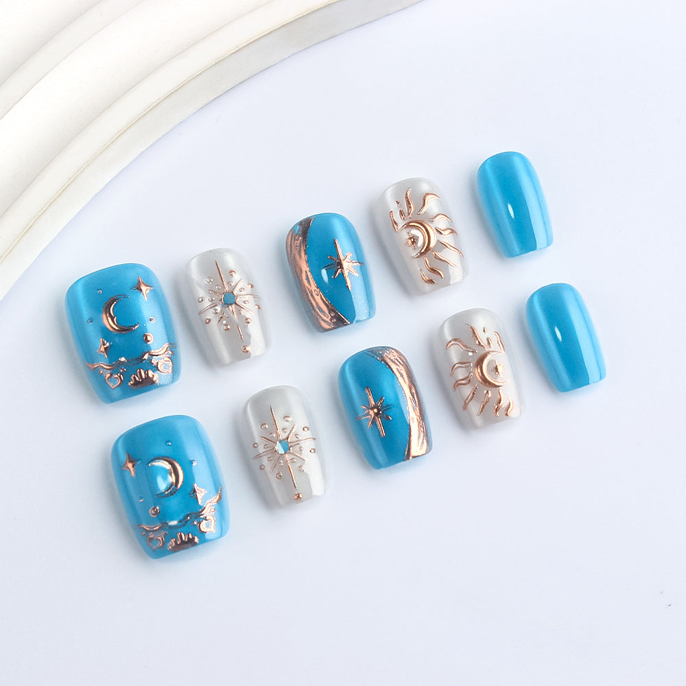 Celestial Dream Short Square Teal and Silver Press-On Nail Set with Unique Star and Moon Design