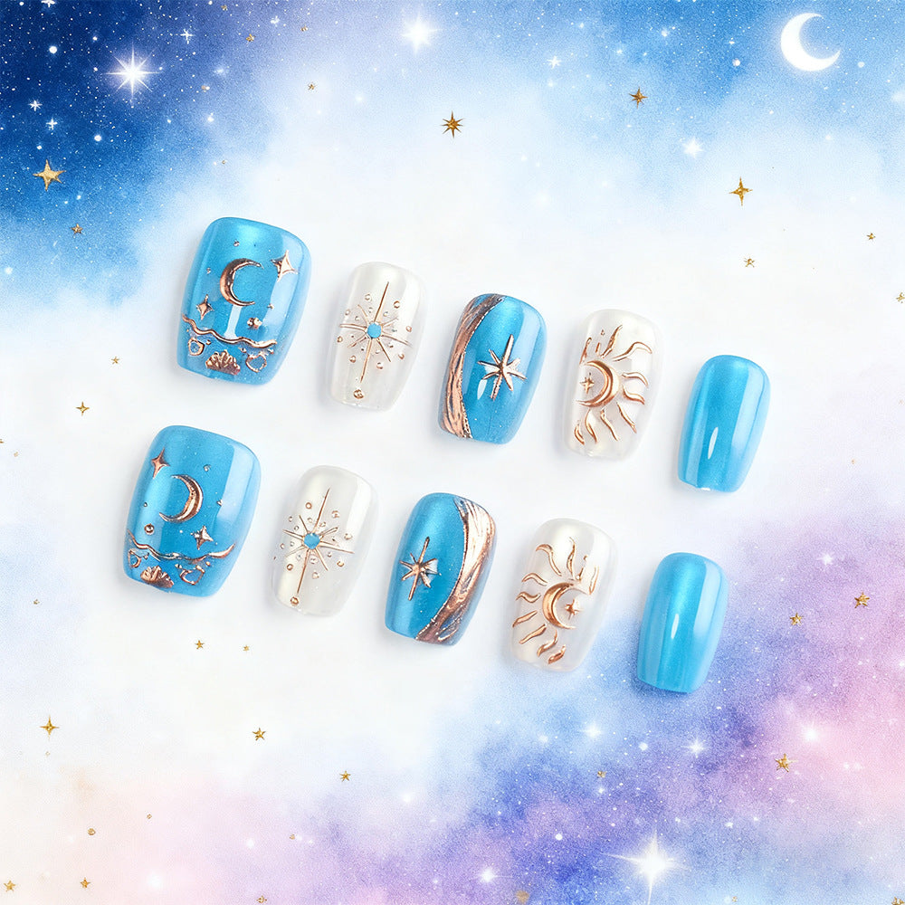 Celestial Dreams Short Square Blue With Metallic Gold Moon and Star Accents Press-On Nail Set