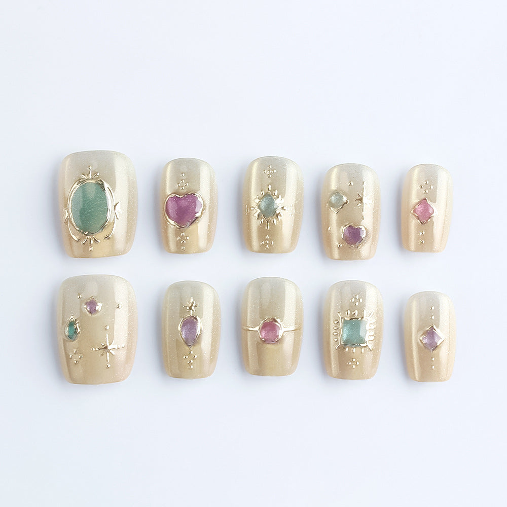 Celestial Glamour Short Square Champagne Gold Press On Nail Set with Sparkling Gem Accents