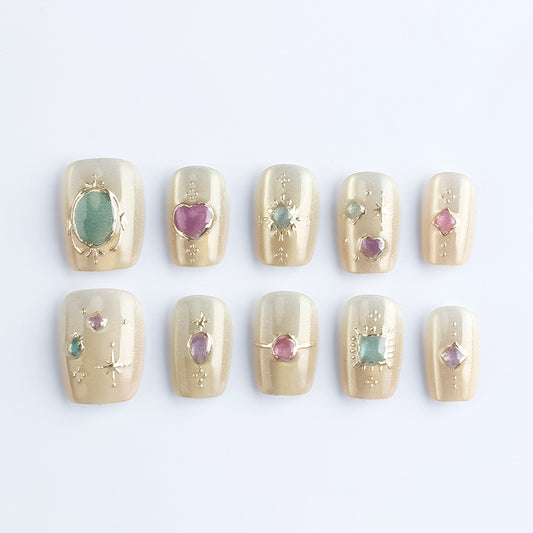 Celestial Glamour Short Square Champagne Gold Press On Nail Set with Sparkling Gem Accents