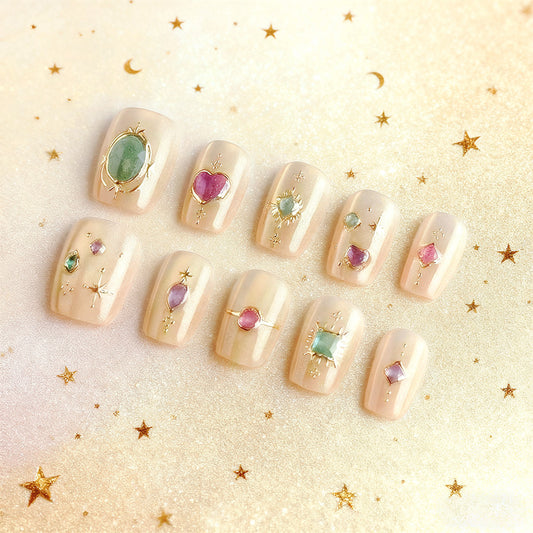 Celestial Dream Glittering Short Square Blush Beige Press On Nail Set with Gemstone Accents