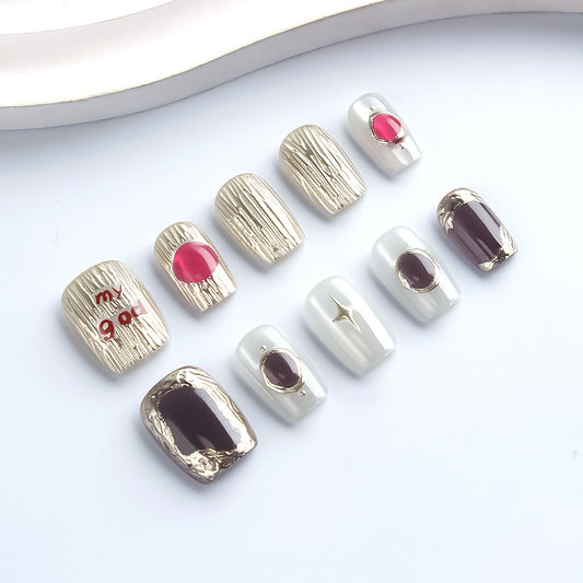 Glamorous Forest-Inspired Short Square Golden Burgundy White Nail Set with Unique Textured Finish