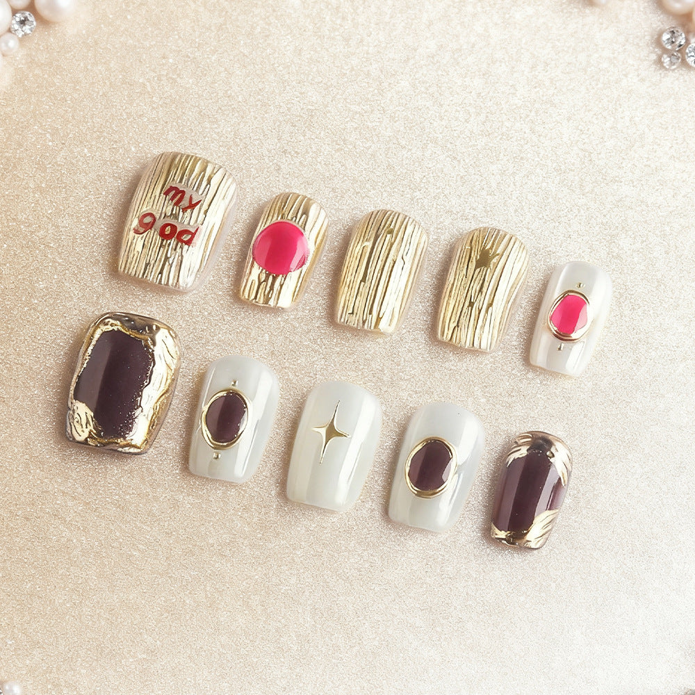 Glamorous Forest Inspired Short Square Shape Gold and White Press on Nail Set with Unique Textured Design and Decorative Gems