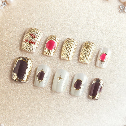 Glamorous Forest Inspired Short Square Shape Gold and White Press on Nail Set with Unique Textured Design and Decorative Gems