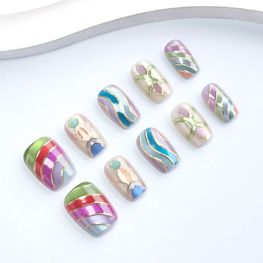 Glamourous Rainbow Waves Short Square Multicolored with Elegant Gold Accents Press On Nail Set