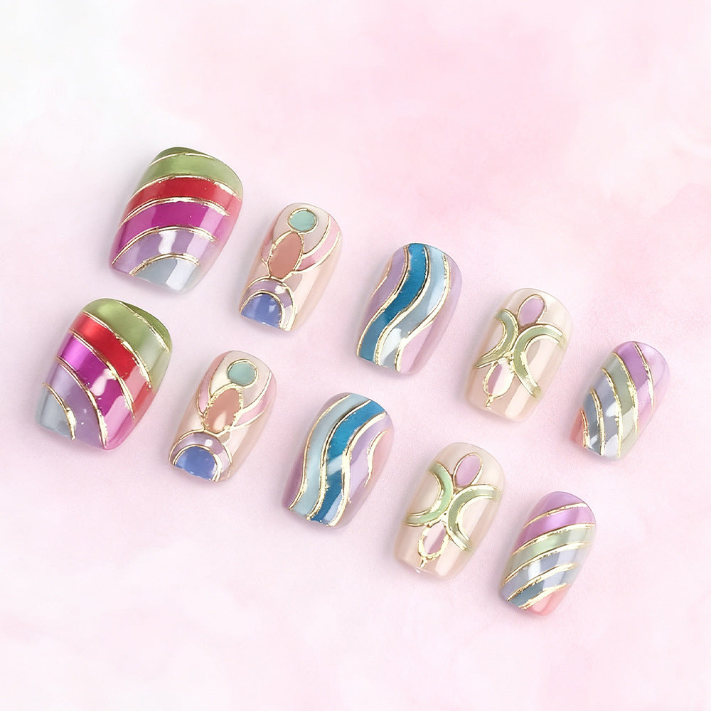 Bohemian Dreams Short Square Colorful Waves with Metallic Accents Press on Nail Set