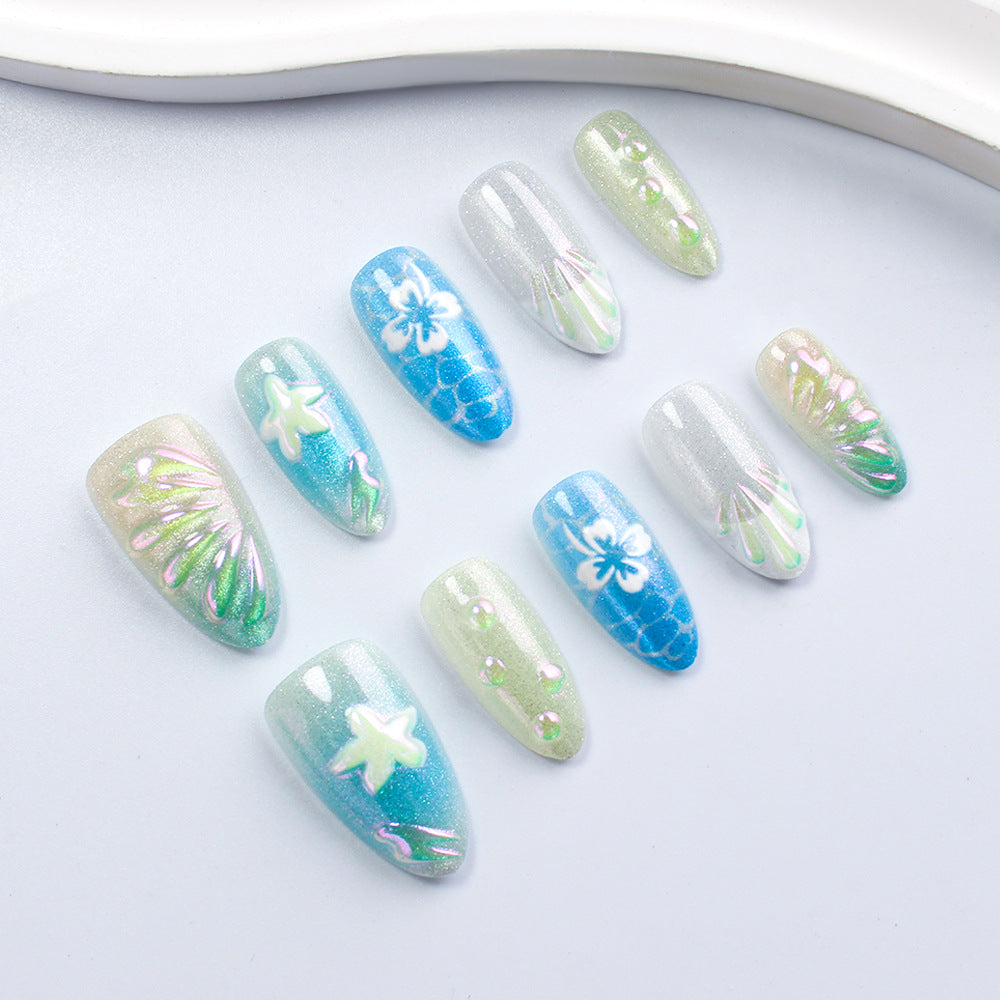 Seaside Elegance Long Almond Iridescent Blue and Green Floral Press-On Nail Set